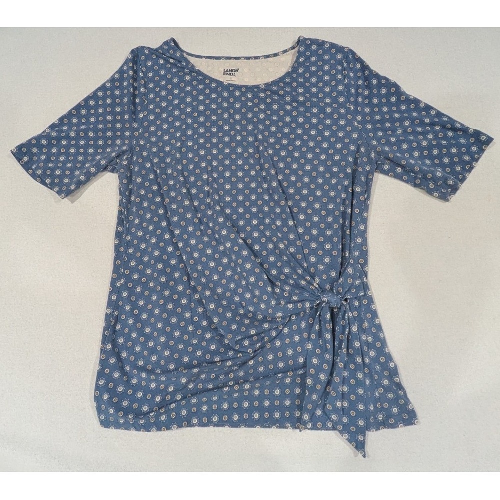 Lands End Side Tie Blouse Womens Large L Blue Medallion Print Short Sleeve